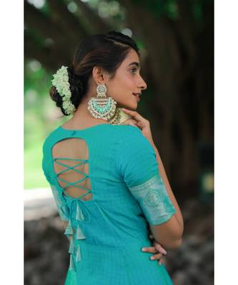 Blue Cotton Silk Fit and Flare Dress 6