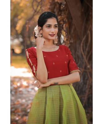 Red Dupion Silk Cotton  Fit and Flare Dress 4