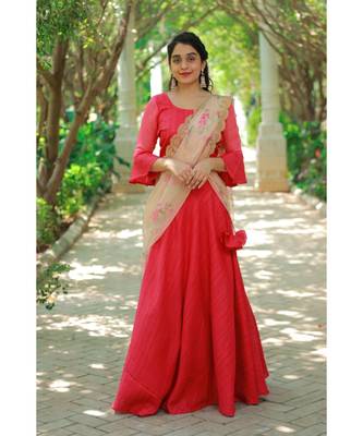 Red Khadi Silk  Fit and Flare Crop Top and Skirt 1