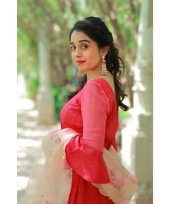 Red Khadi Silk  Fit and Flare Crop Top and Skirt 5