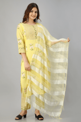 Yellow Colored Bright Cotton Kurta With Pant And Dupatta 1