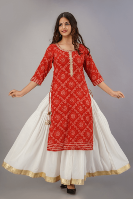 Red Colored Bandhani Print Embroidery Work Kurta With Inner 1