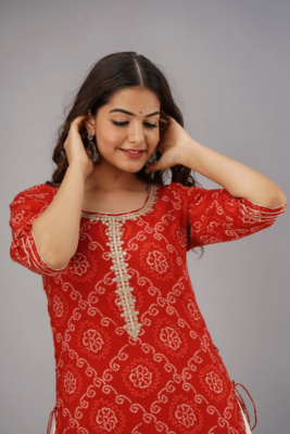 Red Colored Bandhani Print Embroidery Work Kurta With Inner 2
