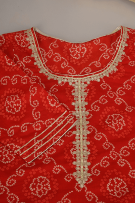 Red Colored Bandhani Print Embroidery Work Kurta With Inner 4