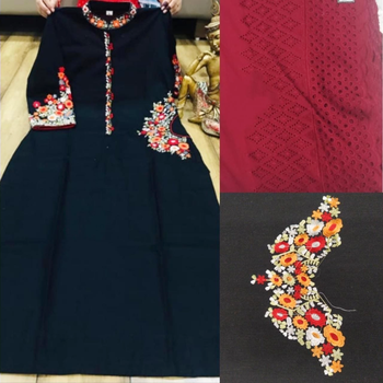 Black Linen Cotton Kurta With Red Heavy Embroidery Worked Chikankari Plazzo 2