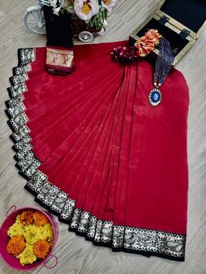 Red plain silk saree with blouse 1