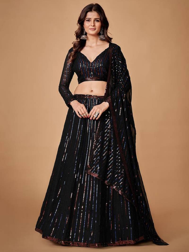 Black thread embroidery georgette Semi Stitched bridal lehenga