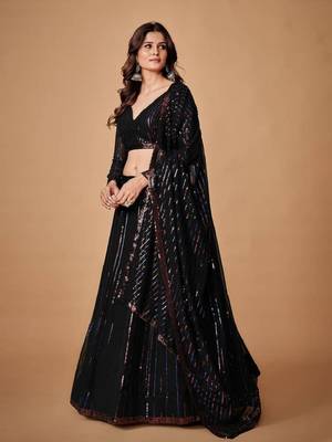 Black thread embroidery georgette Semi Stitched bridal lehenga 3