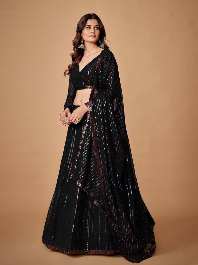 Black thread embroidery georgette Semi Stitched bridal lehenga