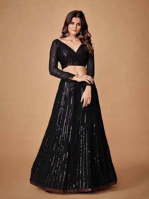 Black thread embroidery georgette Semi Stitched bridal lehenga 4
