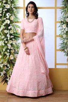 Baby-pink thread embroidery georgette Semi Stitched bridal lehenga