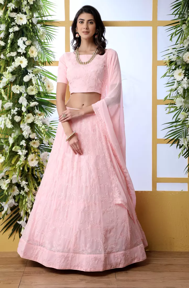 Baby-pink thread embroidery georgette Semi Stitched bridal lehenga