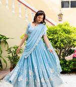 Sky-blue thread embroidery faux georgette indian lattest designer lehenga
