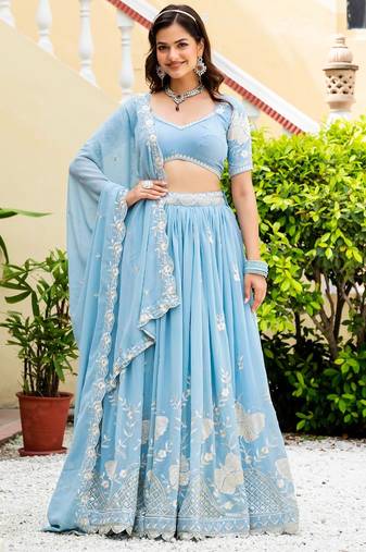 Sky-blue thread embroidery faux georgette indian lattest designer lehenga