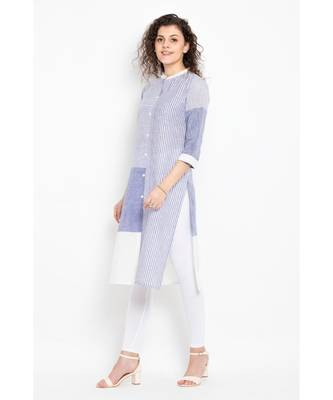 cotton woven long kurta with three fourth sleeves ,mandarin collar with placket and button details 2
