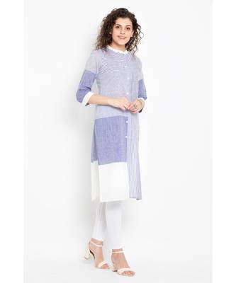 cotton woven long kurta with three fourth sleeves ,mandarin collar with placket and button details 3