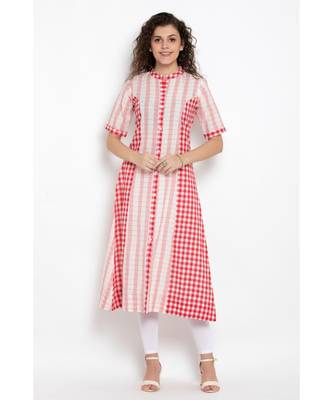 Pink Cotton woven design panelled long kurta  1