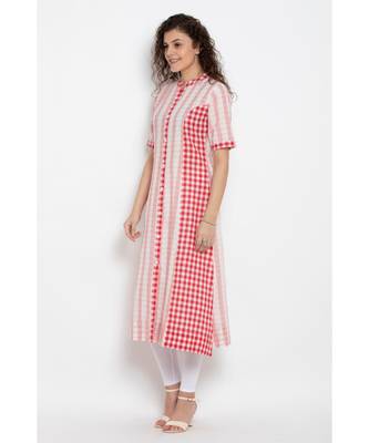 Pink Cotton woven design panelled long kurta  3