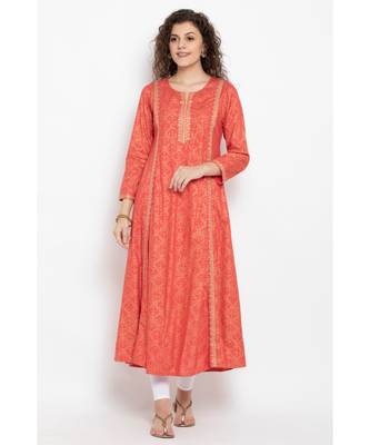 Gold foil print long flared kurta with three fourth ,round neck highlighted with embroidery 1