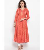 Gold foil print long flared kurta with three fourth ,round neck highlighted with embroidery