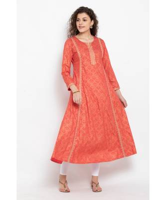 Gold foil print long flared kurta with three fourth ,round neck highlighted with embroidery 2
