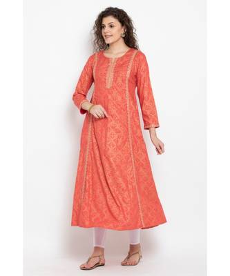Gold foil print long flared kurta with three fourth ,round neck highlighted with embroidery 3