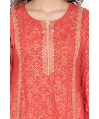 Gold foil print long flared kurta with three fourth ,round neck highlighted with embroidery 4