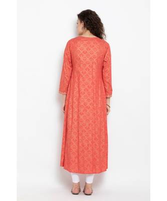 Gold foil print long flared kurta with three fourth ,round neck highlighted with embroidery 5