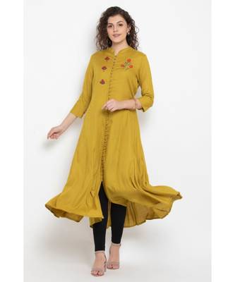 Rayon long flared kurta with three fourth sleeves,mandarin collar with buttons and contrast colour embroidery 1