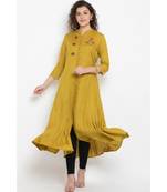 Rayon long flared kurta with three fourth sleeves,mandarin collar with buttons and contrast colour embroidery