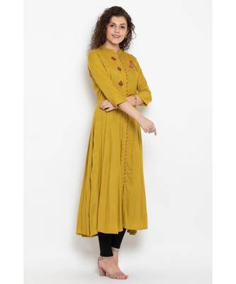Rayon long flared kurta with three fourth sleeves,mandarin collar with buttons and contrast colour embroidery 2