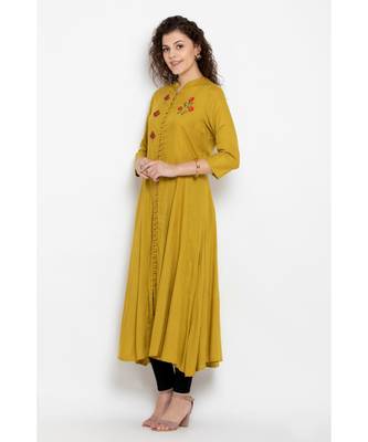Rayon long flared kurta with three fourth sleeves,mandarin collar with buttons and contrast colour embroidery 3