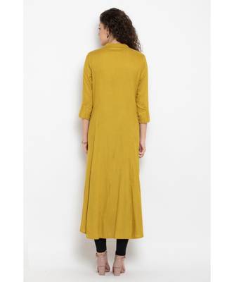 Rayon long flared kurta with three fourth sleeves,mandarin collar with buttons and contrast colour embroidery 4
