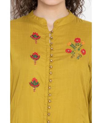 Rayon long flared kurta with three fourth sleeves,mandarin collar with buttons and contrast colour embroidery 5