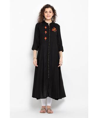 Black Rayon long flared kurta with three fourth sleeves 1