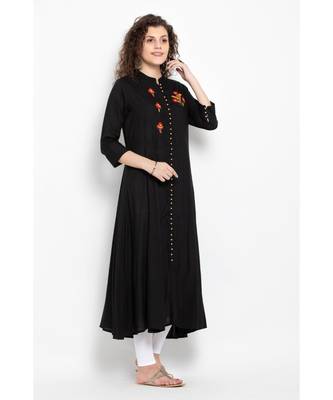 Black Rayon long flared kurta with three fourth sleeves 2