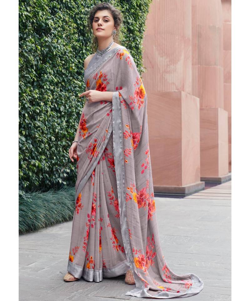 Grey printed Georgette saree with blouse