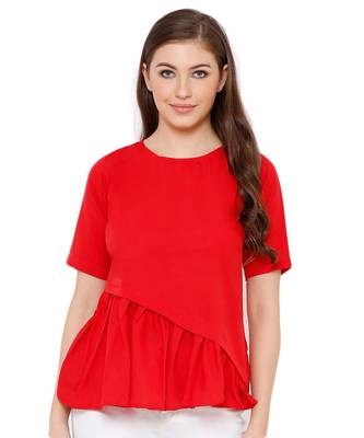 Women's Red Synthetic Crepe plain regular fit top 1