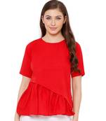 Women's Red Synthetic Crepe plain regular fit top