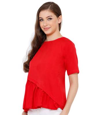 Women's Red Synthetic Crepe plain regular fit top 3