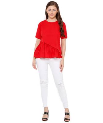 Women's Red Synthetic Crepe plain regular fit top 4
