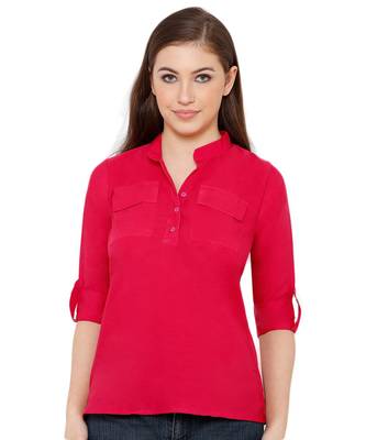 Women's Pink Synthetic Crepe plain regular fit top shirt 1