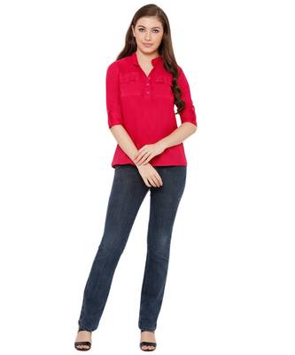 Women's Pink Synthetic Crepe plain regular fit top shirt 4