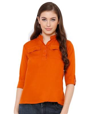 Women's Mustard Synthetic Crepe plain regular fit top shirt 1