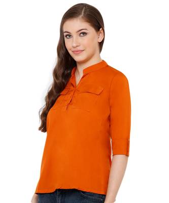 Women's Mustard Synthetic Crepe plain regular fit top shirt 3