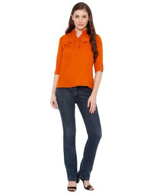 Women's Mustard Synthetic Crepe plain regular fit top shirt 4