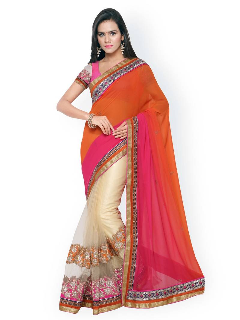Orange Colour Georgette and Net Designer Saree with unstitched blouse
