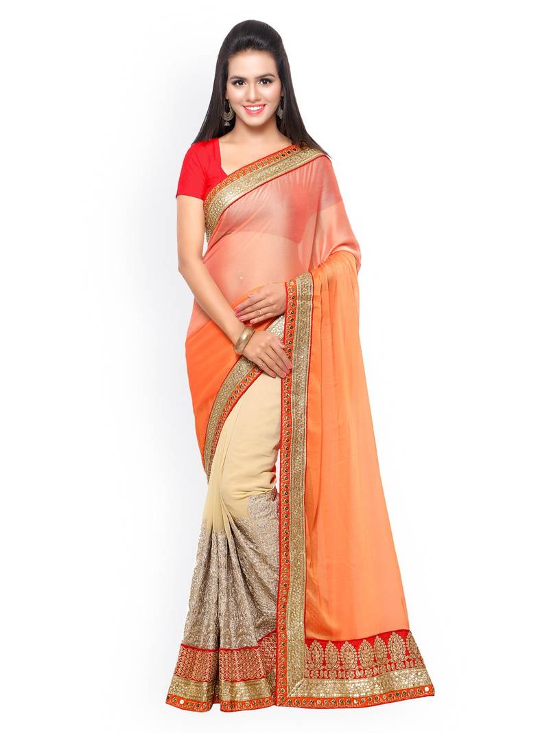 Peach Colour Chiffon Designer Saree with unstitched blouse
