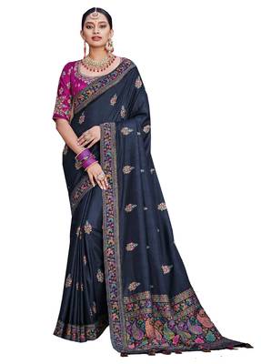 Navy Blue DESIGNER PARTY WEAR HEAVY SILK SAREE 1