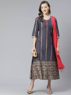 Grey printed cotton ethnic-dress & dupatta 1